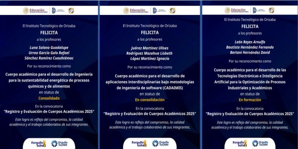 El Instituto Tecnológico de Orizaba felicita a los Cuerpos Académicos reconocidos en la convocatoria 2025